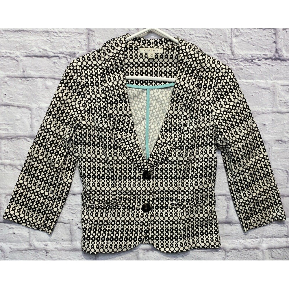 CAbi Du Jour Blazer Jacket Womens 0 Black White Brown Geometric Pockets #298